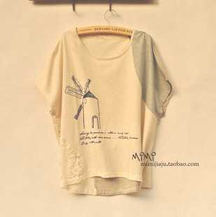  日系甜美森女田园风车蕾丝贴布印花棉麻拼接宽松大码蝙蝠袖T恤衫