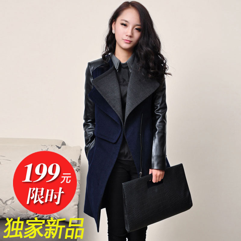 Winter clothing new European and American wind spell MaxMara cashmere coat with leather sleeves leptin Barret coat woolen cloth of thick jacket woman