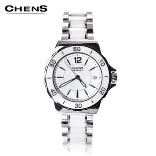  正品瑞士CHENS传世名表 白玉陶瓷防水夜光情侣女士手表中国体验款
