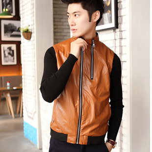  新款春装针织袖皮接皮衣男士韩版时尚休闲男装
