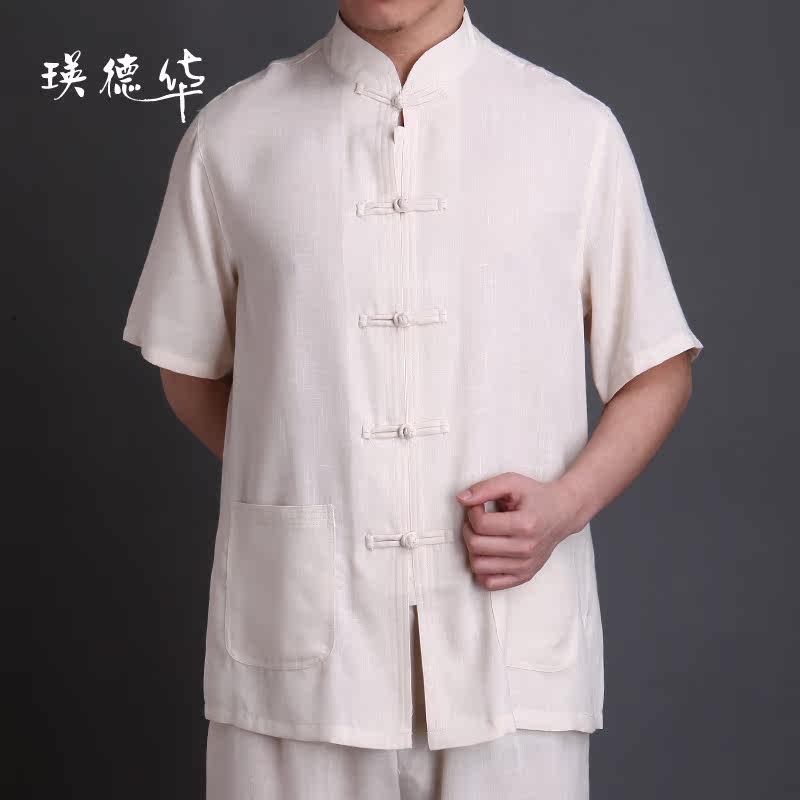 Ying Tak Wah retro, clothing men s old denim cotton and linen solid color base shirts clothing short sleeve shirt men