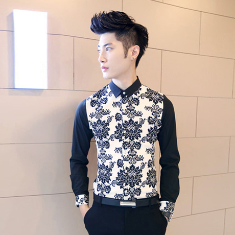旗舰店】英伦男式衬衣 azlws春秋潮流 花衣服 男