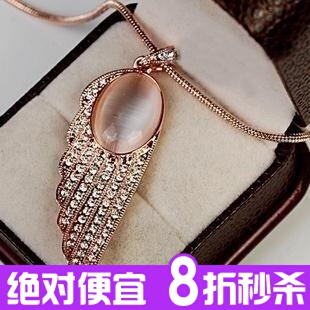  6238 韩版饰品 满钻大宝石翅膀猫眼石金色项链 女