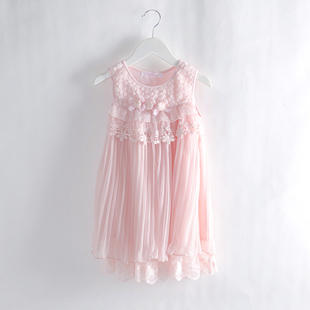  女童纯棉蕾丝拼接背心裙立体花朵风琴褶韩版公主纱裙童装连衣裙