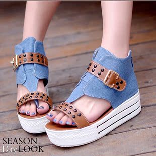  夏季新款罗马坡跟凉鞋女帆布女鞋厚底松糕鞋鱼嘴鞋高跟鞋铆钉