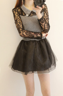  韩国直送！复古甜美公主娃娃领带钻兔毛拼接蕾丝打底裙长袖连衣裙