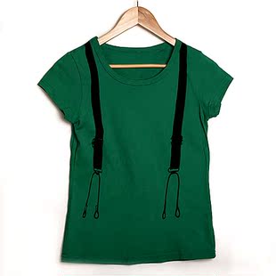 墨绿色草绿色 短袖 短T恤 假背带 欧美街头风格