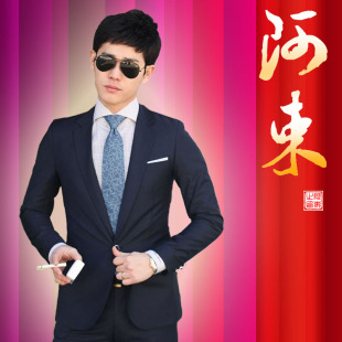  韩版西服套装 藏蓝色 韩版修身西装时尚休闲两件套 AS16373