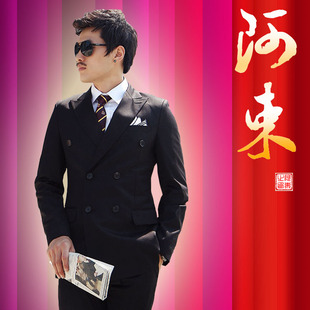  韩版西服套装 黑色 韩版修身西装时尚休闲两件套 AS18280