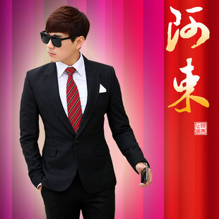  韩版西服套装 藏青色 韩版修身西装时尚休闲两件套 AS13094