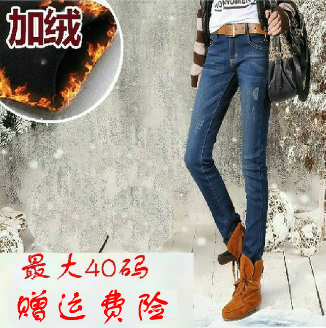 秋冬新款女式超大码弹力小脚铅笔裤2013女装大码加绒牛仔裤女靴裤