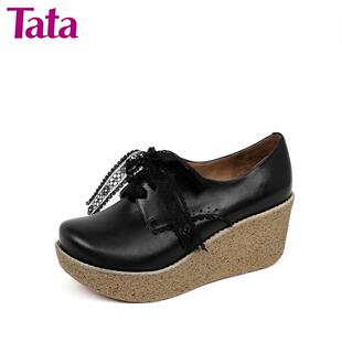  【活动】TATA/他她牛皮2RX27D春季女单鞋 坡跟 防水台休闲