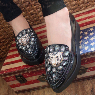  欧洲站春新款欧美英伦女鞋豹头真皮水钻尖头单鞋潮松糕厚底鞋