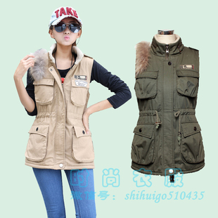2013<em>秋冬</em>新款<em>女马甲</em> <em>时尚</em>多口袋纯色马甲 女 拼