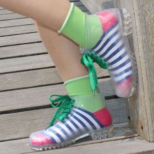  韩国透明雨鞋时尚水晶炫彩平跟防滑厚底马丁靴雨靴 水鞋女