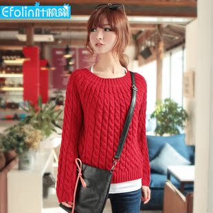  叶枫翎毛衣女韩版 宽松短款冬季圆领麻花打底衫加厚毛衣外套