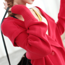 2013新款女韩版宽松针织开衫秋装长款女装全棉红色毛衣外套秋冬秋