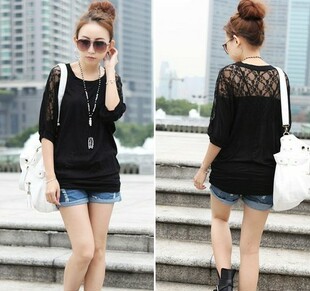  夏装新款大码女装宽松打底衫短袖 蕾丝蝙蝠袖拼接 t恤韩版 潮