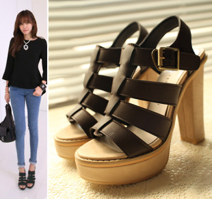  韩国复古简约防水台粗跟高跟凉鞋名媛显腿长罗马风高跟凉鞋女鞋