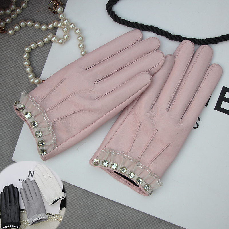 Sheepskin gloves Lace With drill Leather gloves Ladies Thin section Koshiro Plush thickening Autumn and winter fashionin the Accessories/Leather belt/Hat/Muffler , Gloves category - from Buy2taobao.com to provide professional Taobao agent buy service