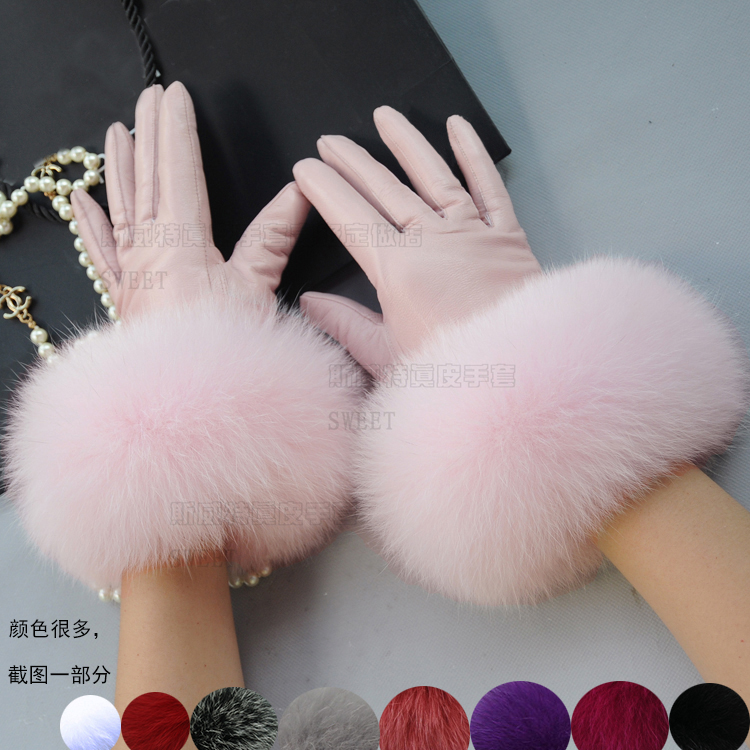 Touch screen genuine leather glove Super large Fox glove winter Pink lady sheep leather and fur glove Largein the Accessories/Leather belt/Hat/Muffler , Gloves category - from Buy2taobao.com to provide professional Taobao agent buy service