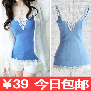  【天天特价】粉红大布娃娃春款百搭修身蕾丝吊带背心女打底衫