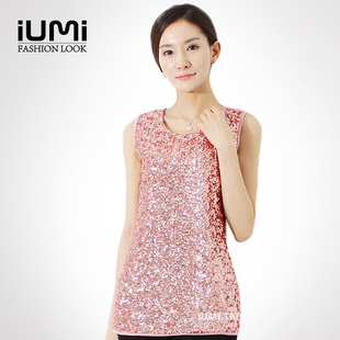  IUMI亮片背心 韩版夏装胖mm大码吊带打底衫中长款包臀修身背心女