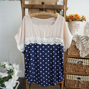  [浅爱]S6250夏装新款韩版圆领撞色蕾丝钩花波点雪纺拼接T恤女