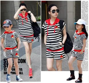  亲子装夏装全家装韩版母女母子装纯棉条纹套装愤怒的小鸟促销包邮