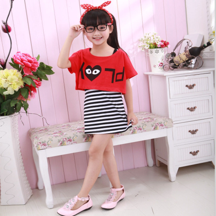 女装 韩版童装 夏装<em>彩虹条纹</em> <em>女童</em>背心两件套连