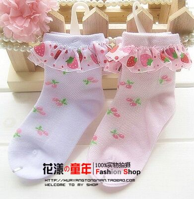 爆款 儿童网眼花边袜 草莓网眼袜 女童棉袜子 女童花边袜