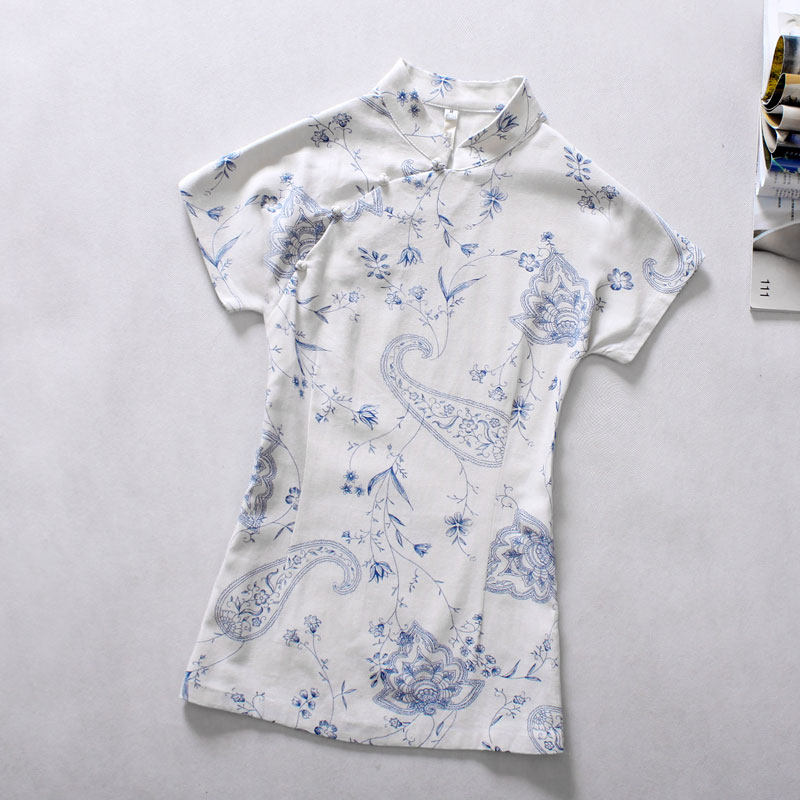 National wind women's summer fashion dress blouse FROG cotton linen even improved Chinese sleeve blouse Blue Lotus