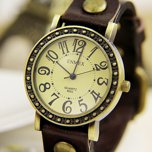  新年礼物！ENMEX牛仔朋克风格手表 真皮表带复古表雕花表