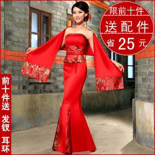 新款新娘结婚旗袍 红色敬酒服婚宴晚礼服 抹胸鱼尾套装旗袍QP-118