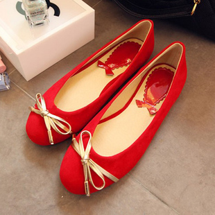  新款春秋女鞋韩版婚鞋红色蝴蝶结圆头平底平跟单鞋大码女鞋潮