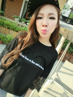  ISSDM 休闲好质感棉拼接蕾丝袖字母T恤 女 夏季新款