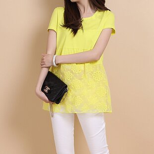  特.夏新款 棉拼接镂空蕾丝小衫 圆领短袖套头纯色打底T恤女