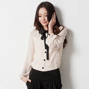  蓝若水大码女装春装新款韩版时尚OL通勤蕾丝绣花系带大码雪纺衬衫