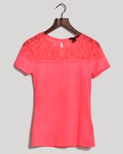  夏装新款H牌原单 优雅蕾丝镂空拼接短袖T恤女装打底衫荧光色 大码