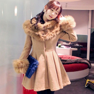  韩国代购狐狸毛领连衣裙款羊毛呢大衣 女冬季修身大衣中长款外套