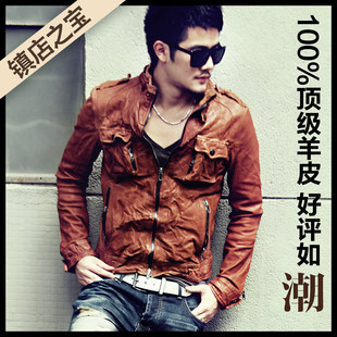  镇店之宝 英伦复古 水洗做旧 顶级羊皮 棕黄 男装修身真皮皮衣L02