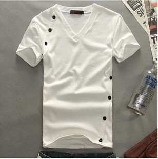  夏装 新款男装修身型男士上衣服韩版V领打底衫高弹力短袖 T恤