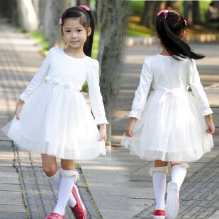 韩版童装外贸儿童秋装女童花童裙子公主裙白色