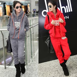  新年促销新品 大码女装 休闲套装 韩版连帽抓绒加厚 卫衣三件套