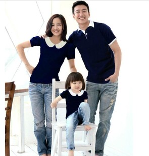  亲子装夏装款翻领娃娃领短袖t恤母女母子装亲子装夏装全家装