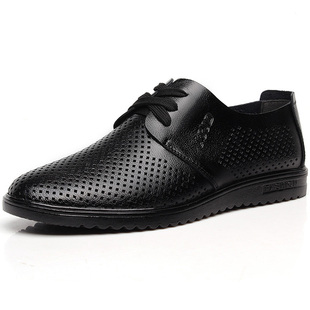  夏季新款平底系带板鞋 全牛皮透气男鞋 简约男士镂空休闲鞋真皮鞋