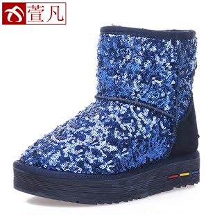  萱凡女鞋正品亮片雪地靴清仓女短靴厚底真皮内增高女靴棉鞋冬靴子