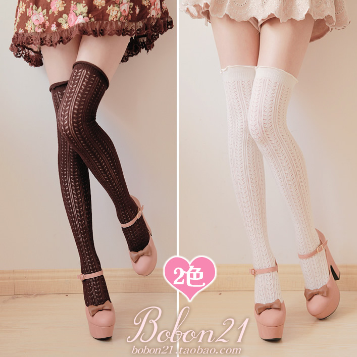 BOBON21 new design pierced fungus lace thin vertical stripes over knee thigh High Socks Hosiery socks AC0791