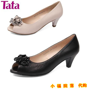  Tata/他她女鞋 专柜正品代购 新款花朵鱼嘴中跟粗跟羊皮单鞋