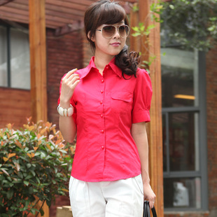 2013韩版夏装红色短袖衬衫 修身职业装 女装 休